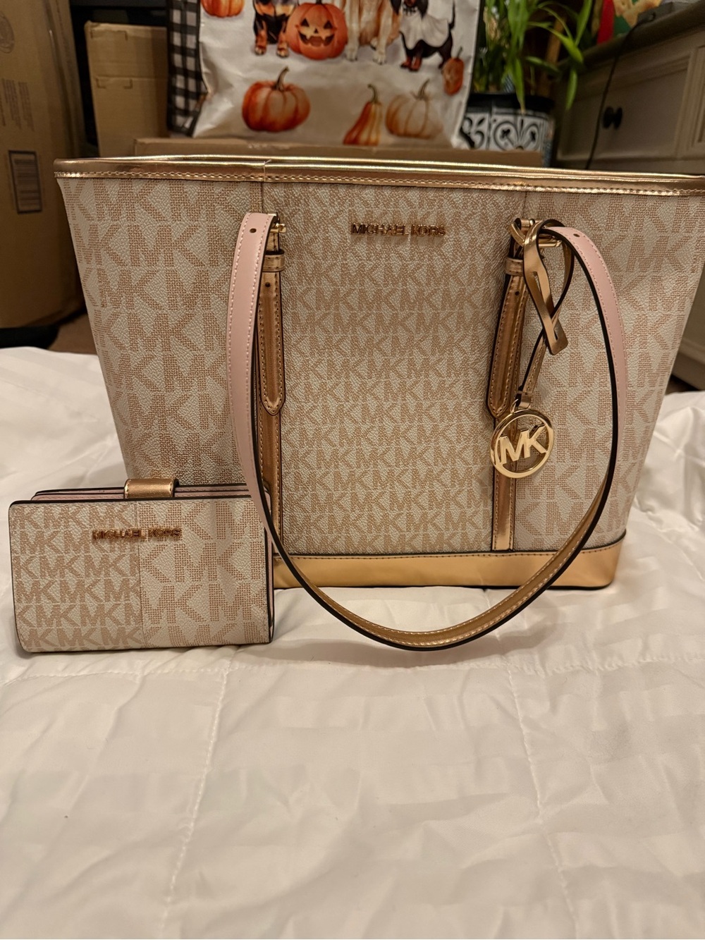 Michael Kors Cream and Pink Logo Tote with Gold Accents and Matching Wallet